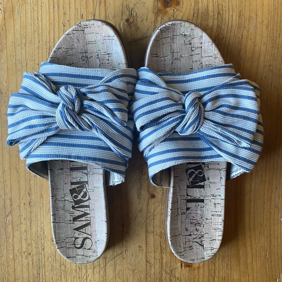 Sam & Libby Shoes - Sam & Libby Blue and White Striped Bow Slide Sandals